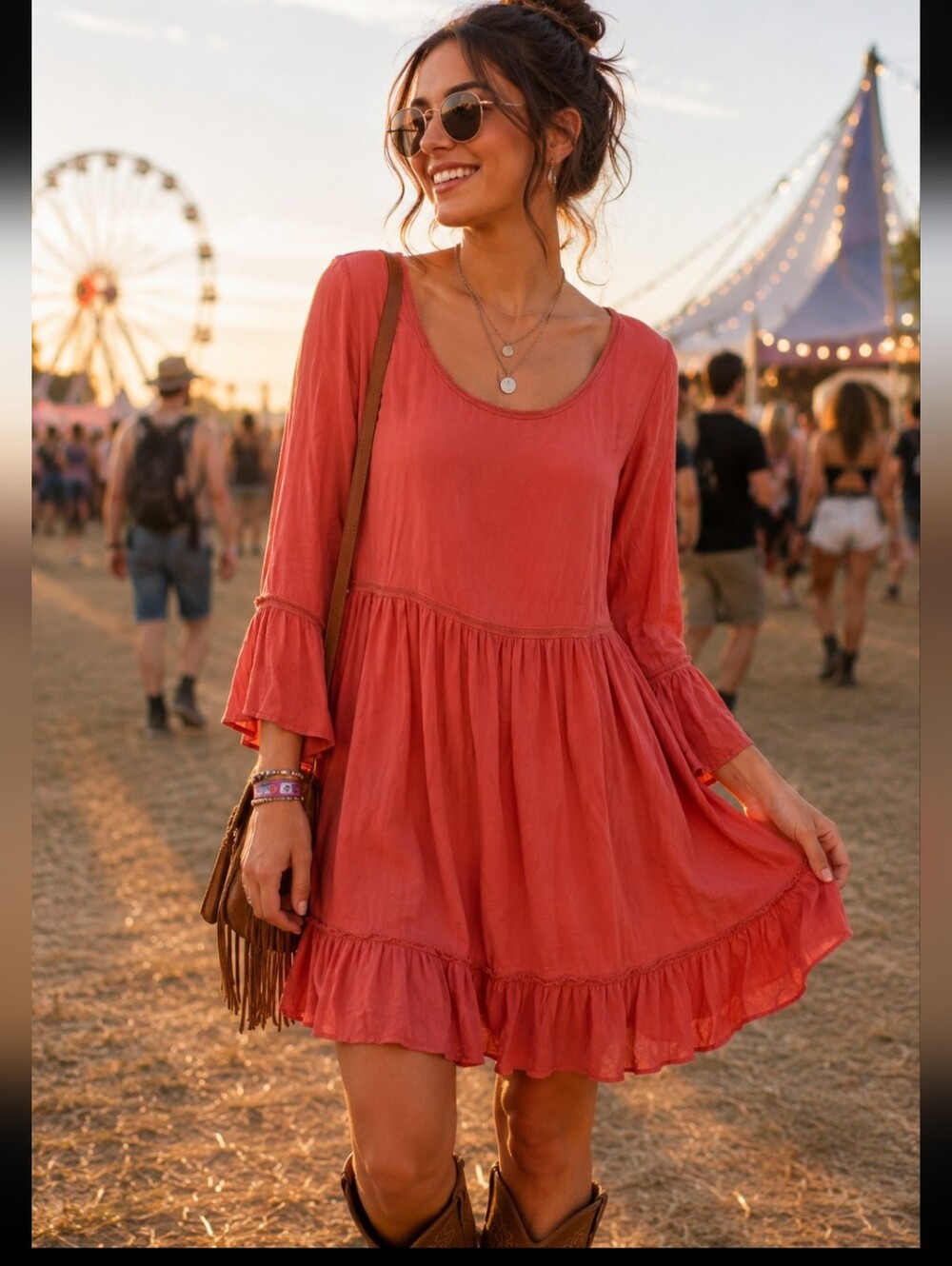 Indigo Soul Terracotta Lace Back Ruffle Hem Babydoll Dress Medium Rust Boho